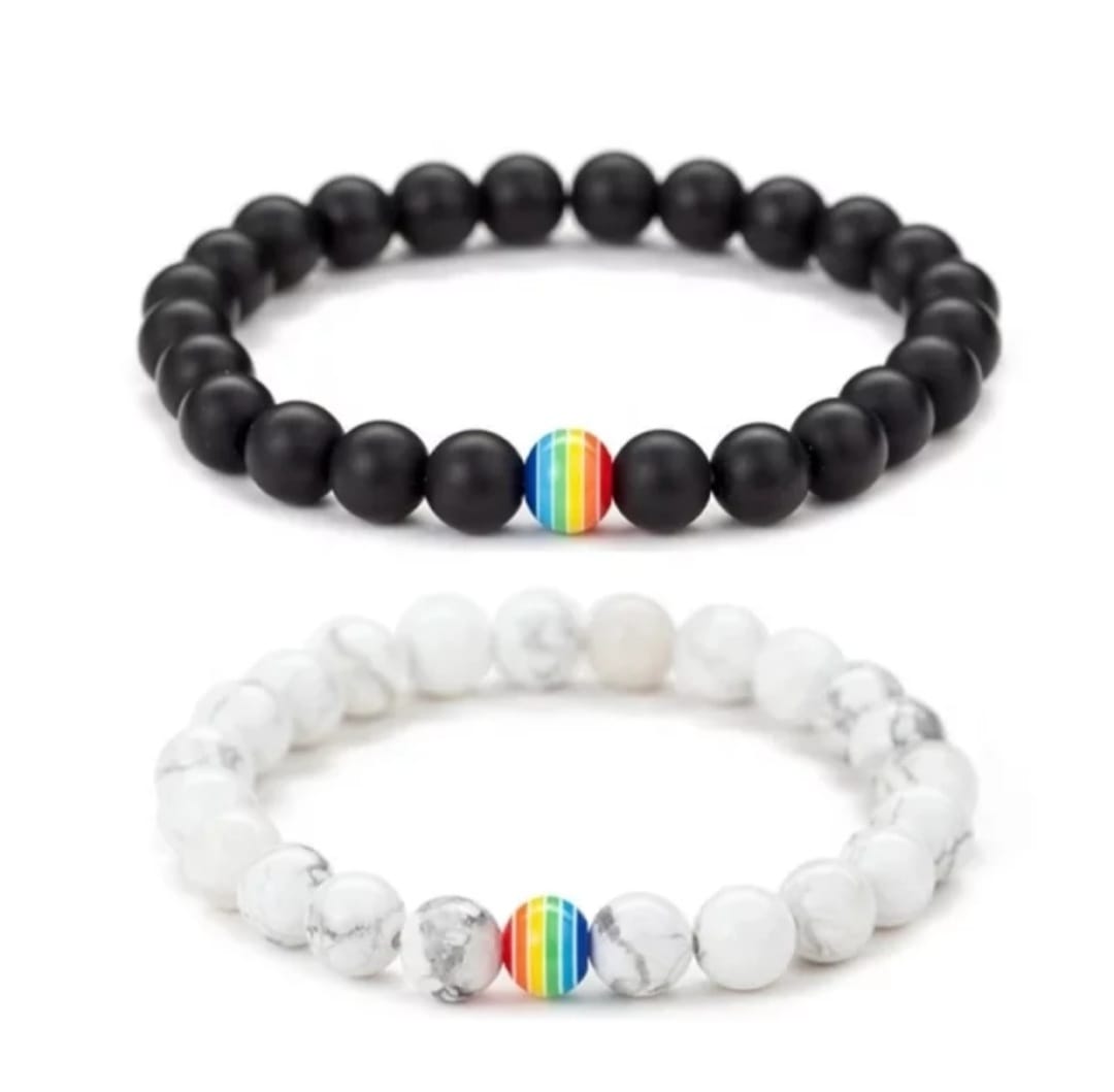 Rainbow 8MM Stone Bead Bracelet, Friendship Bracelet, Handmade Elastic String, Unisex