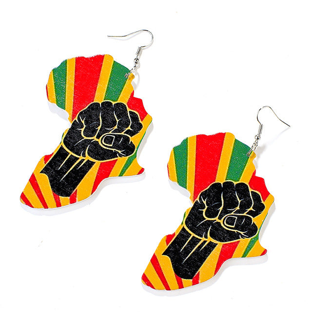 Tribal Multi-Color Wood Africa Map Shape Earrings