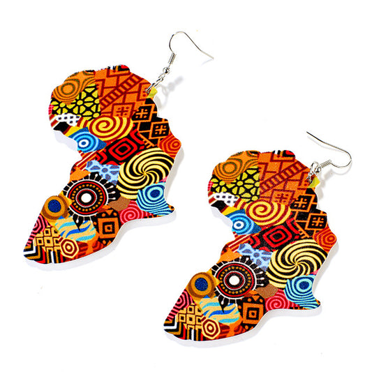 Tribal Multi-Color Wood Africa Map Shape Earrings