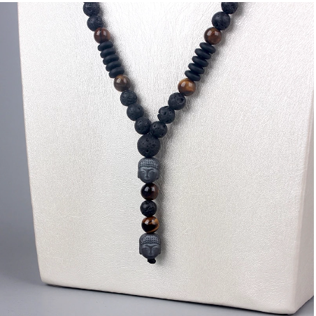 New Vintage Tiger-Eye Stone Black Lava Beads Buddha Head Pendant Necklace for Men