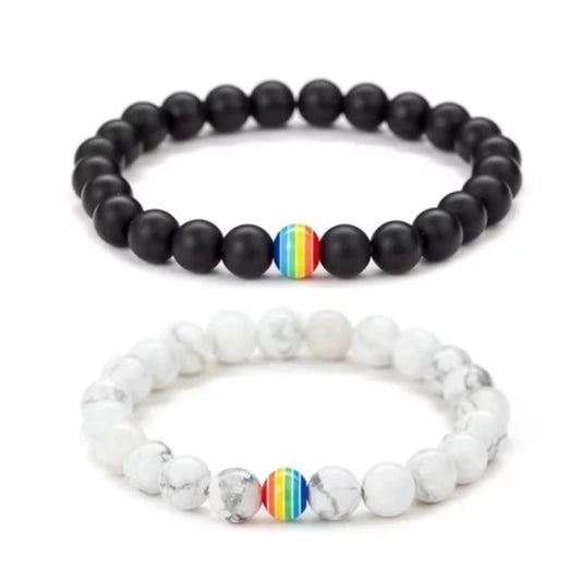 Rainbow 8MM Stone Bead Bracelet, Friendship Bracelet, Handmade Elastic String, Unisex