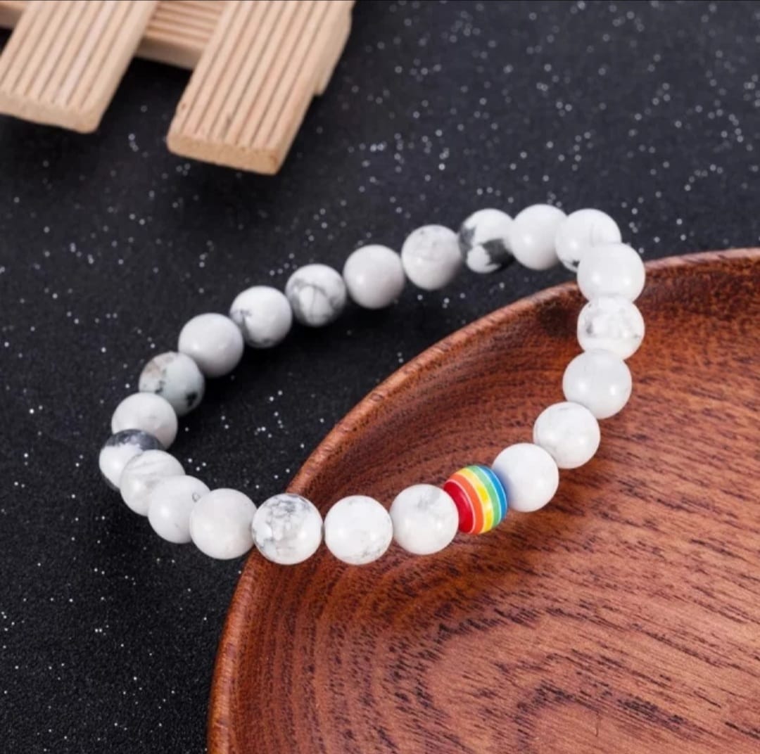 Rainbow 8MM Stone Bead Bracelet, Friendship Bracelet, Handmade Elastic String, Unisex