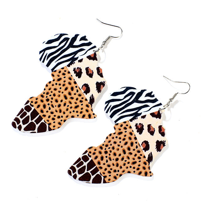 Tribal Multi-Color Wood Africa Map Shape Earrings