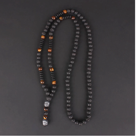 New Vintage Tiger-Eye Stone Black Lava Beads Buddha Head Pendant Necklace for Men
