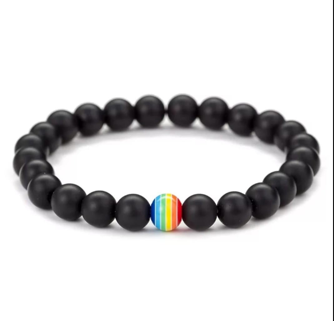 Rainbow 8MM Stone Bead Bracelet, Friendship Bracelet, Handmade Elastic String, Unisex